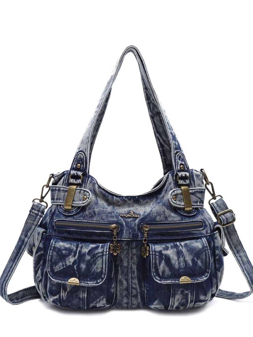 Women's Designer Handbag Large Double Zipper Multi Pocket Washed Leather Purse